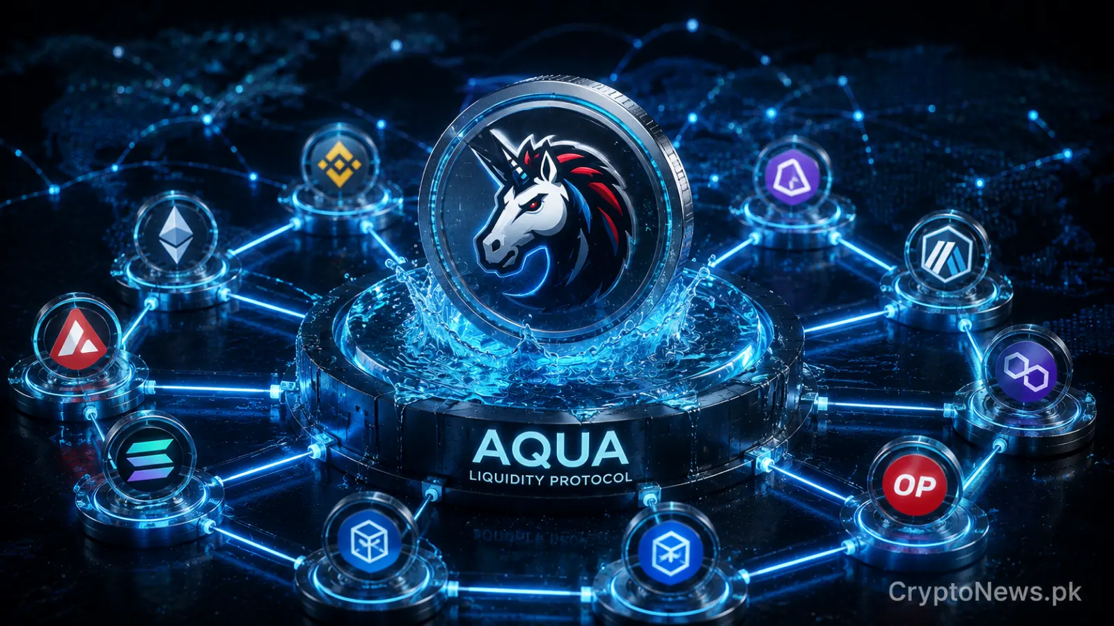 Metallic 1inch token above a glowing aqua liquidity hub connecting multiple blockchain networks, symbolizing efficient cross-chain DeFi liquidity.