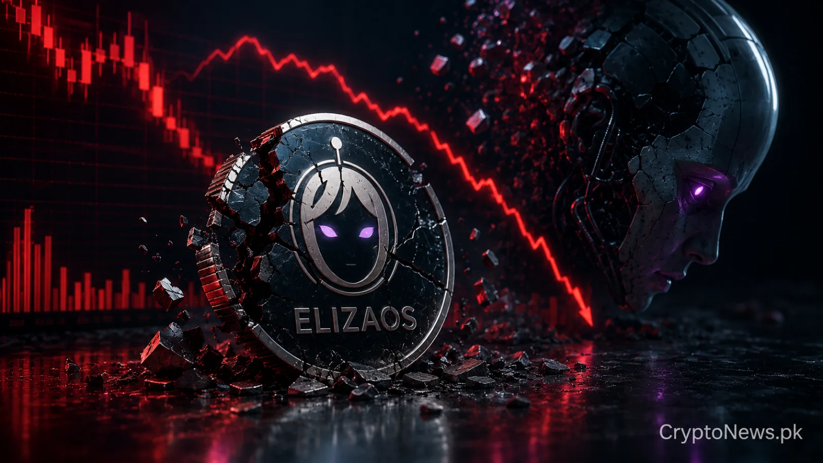 ELIZAOS token cracking beside a plunging market chart, illustrating the AI agent token’s collapse after the founder announcement.