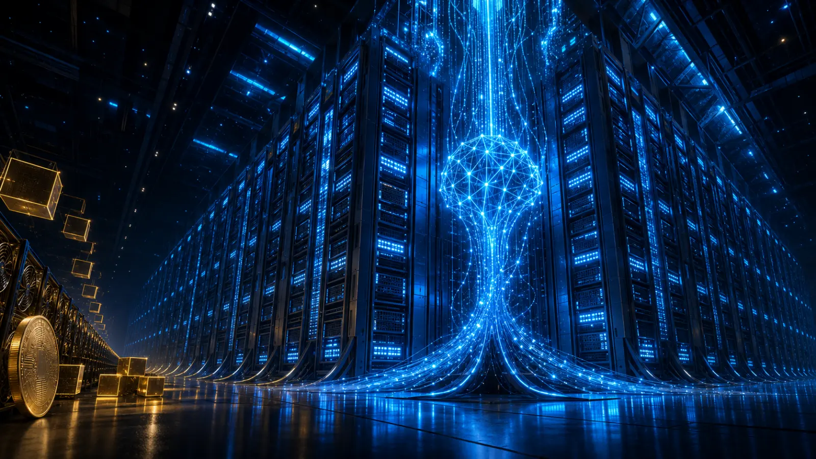 AI-powered GPU infrastructure towers over a shrinking cryptocurrency mining operation.