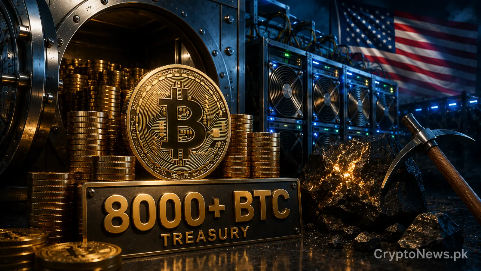 American Bitcoin mining operation with a vault of Bitcoin reserves after surpassing 8,000 BTC.