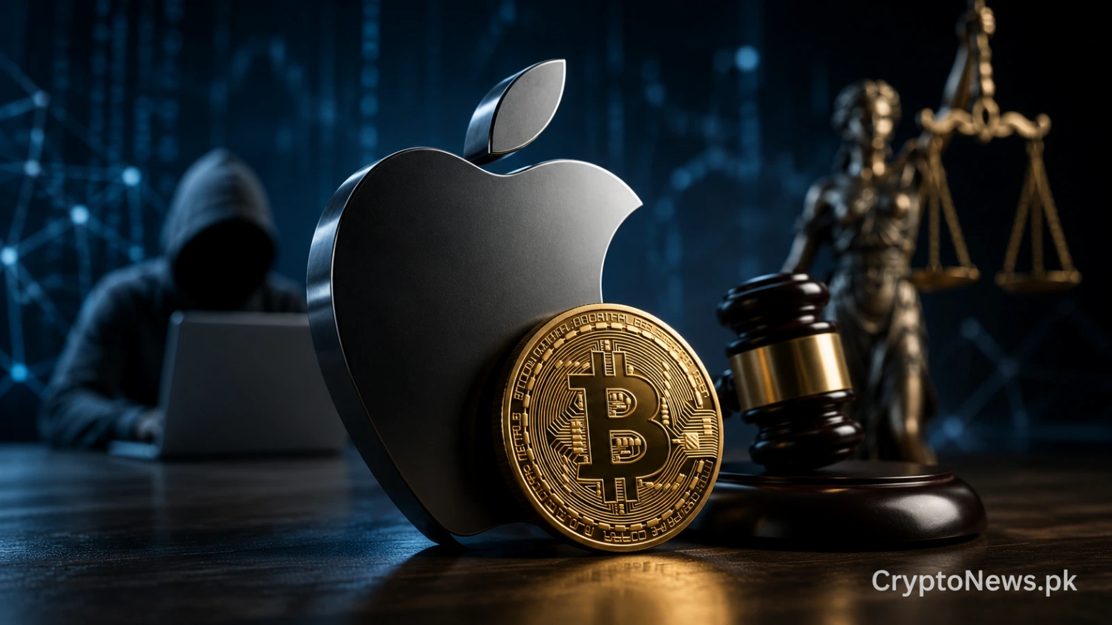 Apple App Store security breach visualized with a cracked digital shield and stolen Bitcoin wallet.