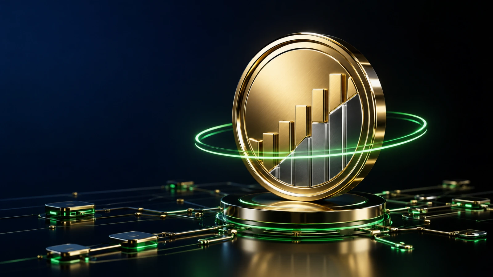 Gold tokenized equity coin encircled by a green trading ring, symbolizing Arcus’s 24/7 stock trading on Robinhood Chain.
