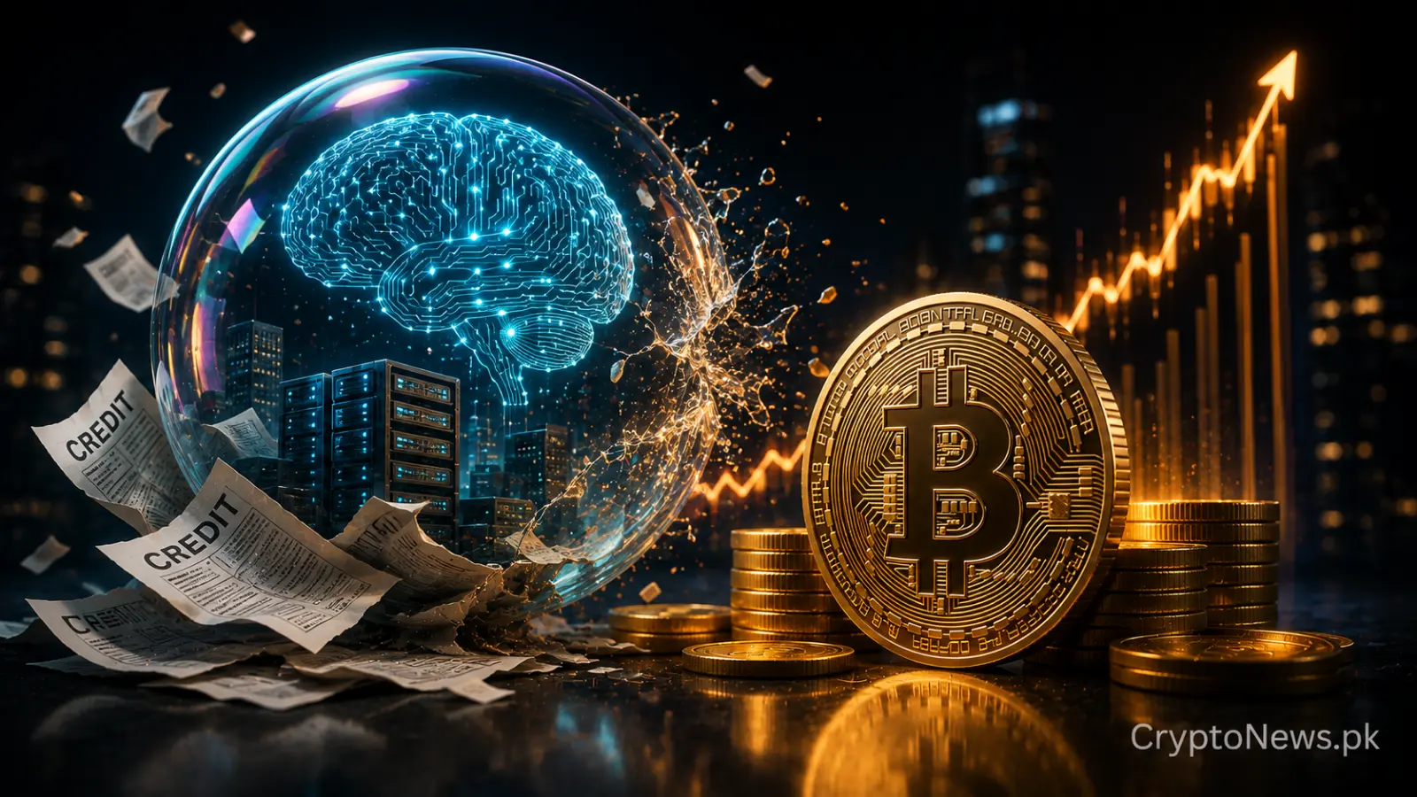 Bitcoin coin rising beside a fragile AI credit bubble and expanding liquidity waves, illustrating Arthur Hayes’ view that an AI debt crisis could boost Bitcoin.