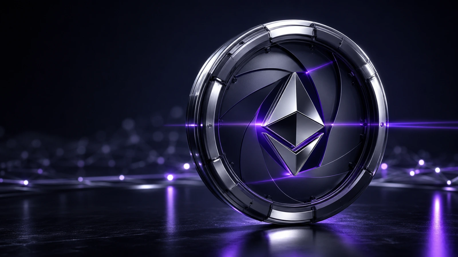 Chrome Ethereum symbol secured behind a precision privacy iris for Aztec Network’s v5 Alpha upgrade.
