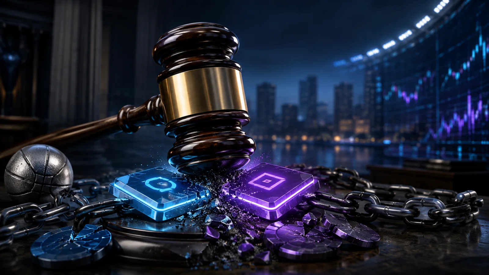 Baltimore legal action against prediction markets represented by a judge’s gavel striking chained trading platforms.
