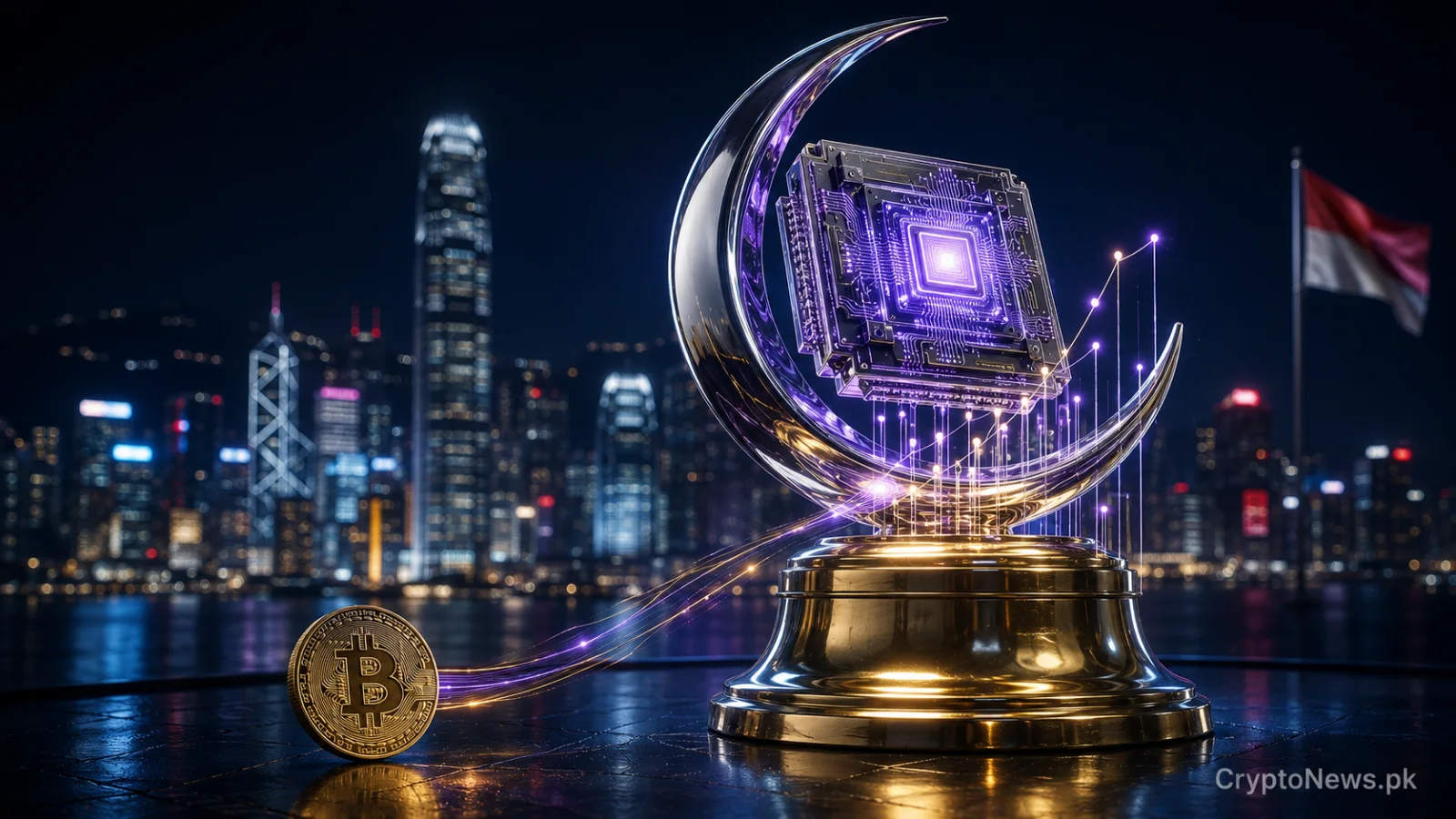 Futuristic AI processor rising above Hong Kong as Moonshot AI prepares for a major IPO.