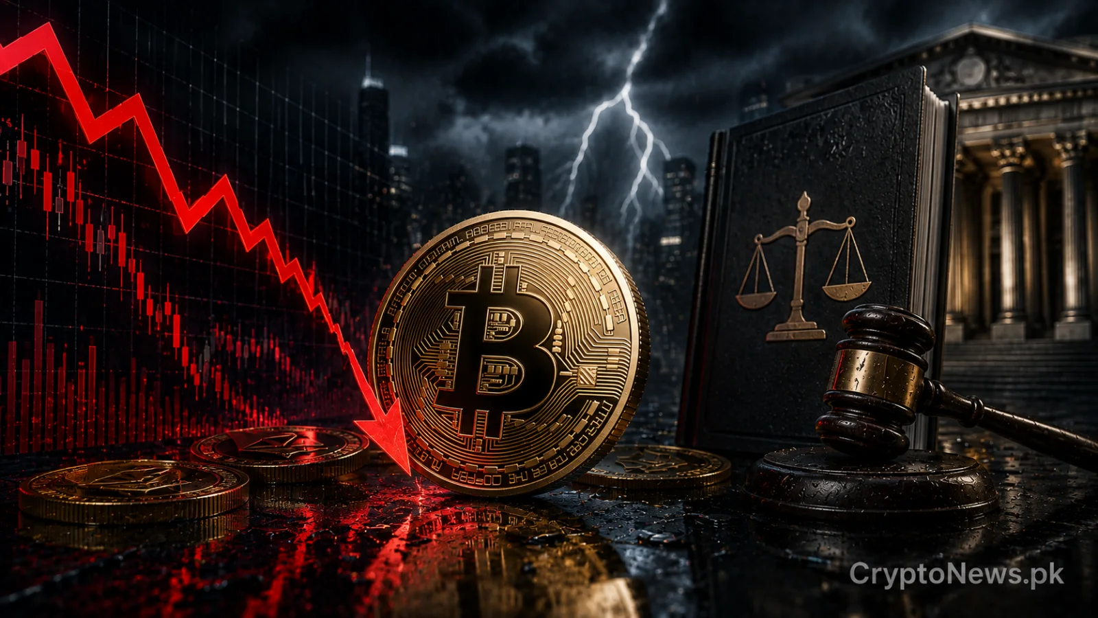 : Bitcoin caught between a regulatory gavel and volatile market charts amid uncertainty over the U.S. Clarity Act.