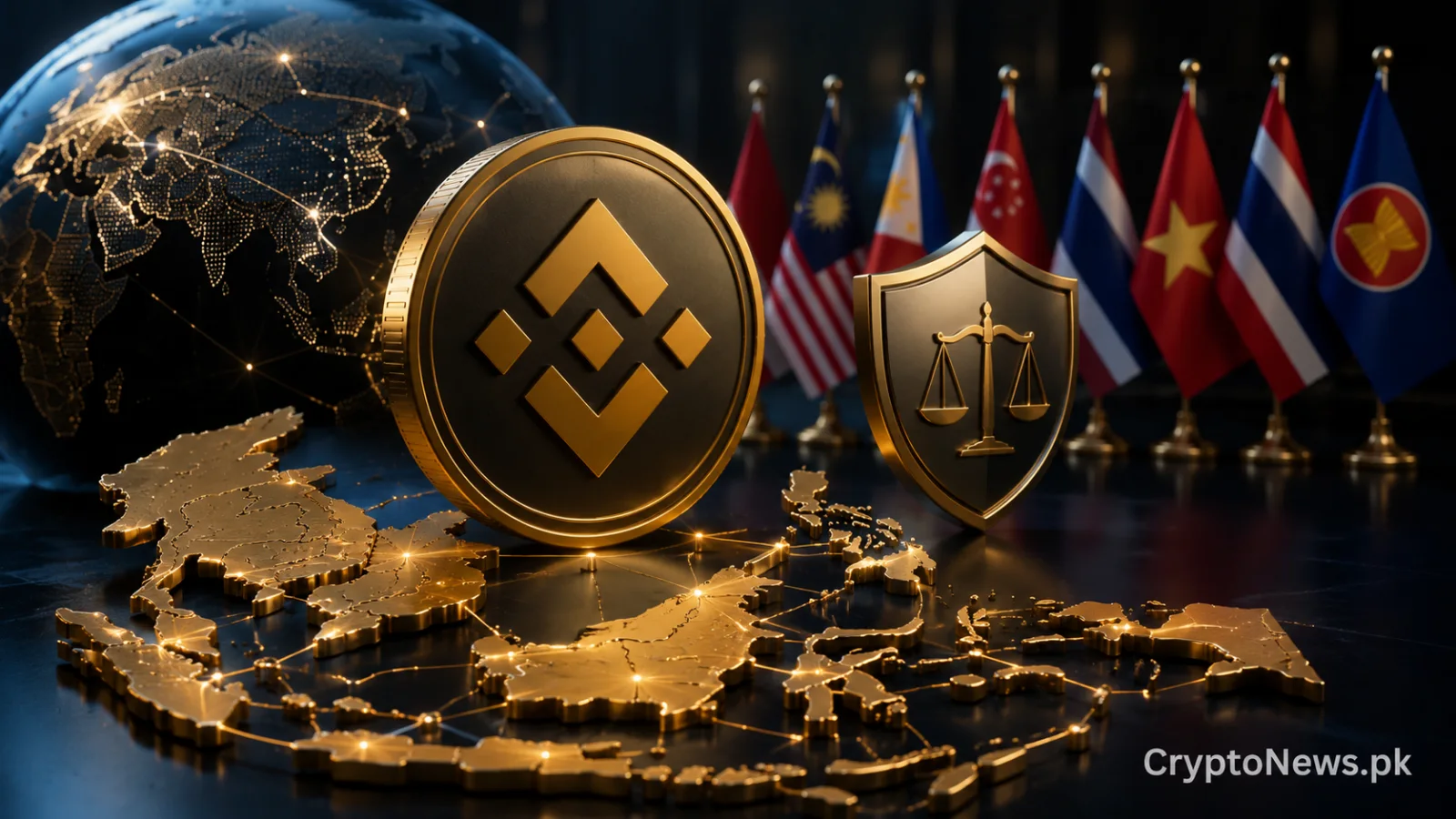 Unified ASEAN crypto licensing represented by a golden regulatory seal connecting Southeast Asian markets.
