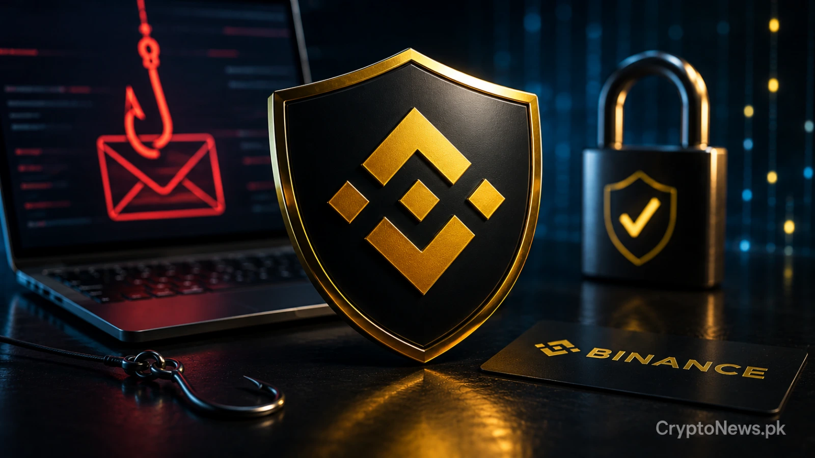 Reinforced digital shield blocking a phishing hook, symbolizing Binance’s monthly employee security simulations and proactive cyber defense.