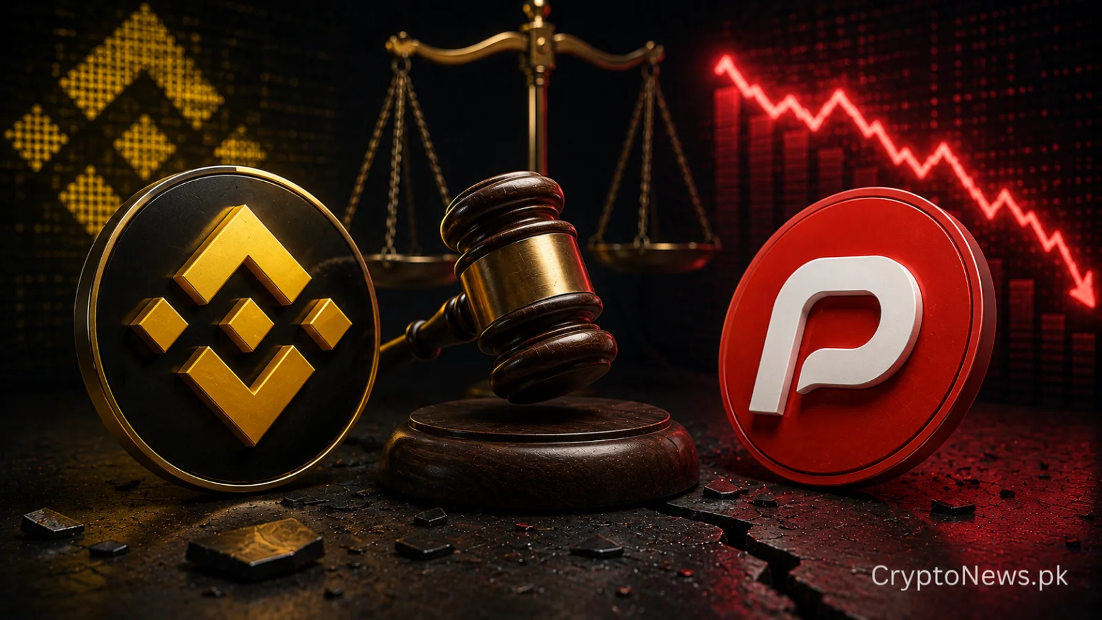 crypto payment card split by a courtroom gavel, illustrating Binance’s lawsuit against RedotPay over alleged user diversion and $473 million in losses.