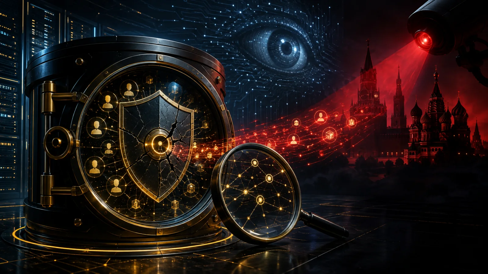 Customer data flows from a cracked crypto privacy vault toward Russian surveillance infrastructure.