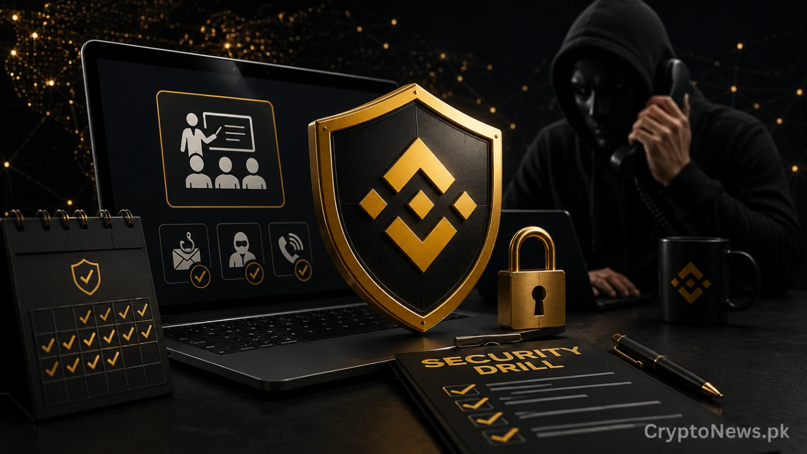 Metallic digital shield blocking phishing attacks, symbolizing Binance’s monthly security drills against social engineering.