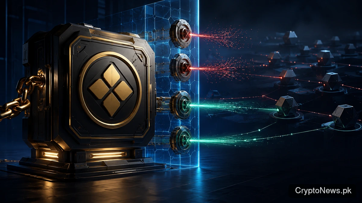 Crypto exchange firewall blocks sanctioned platform transfers while approved transactions pass securely.