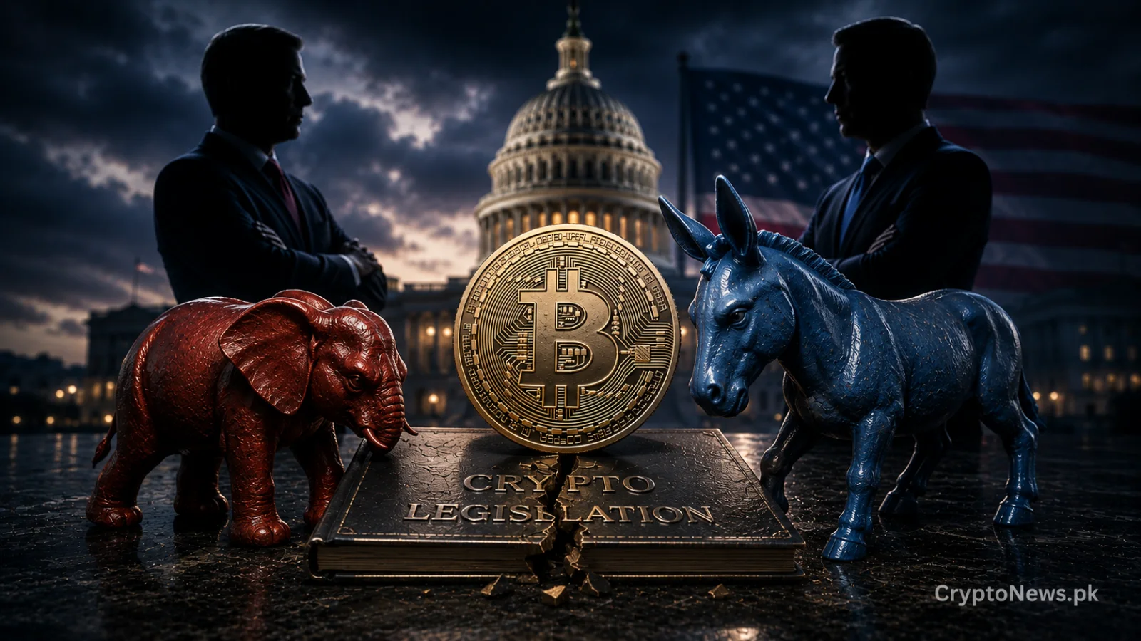 Bitcoin between Republican and Democratic symbols outside the U.S. Capitol, representing bipartisan deadlock over crypto legislation.