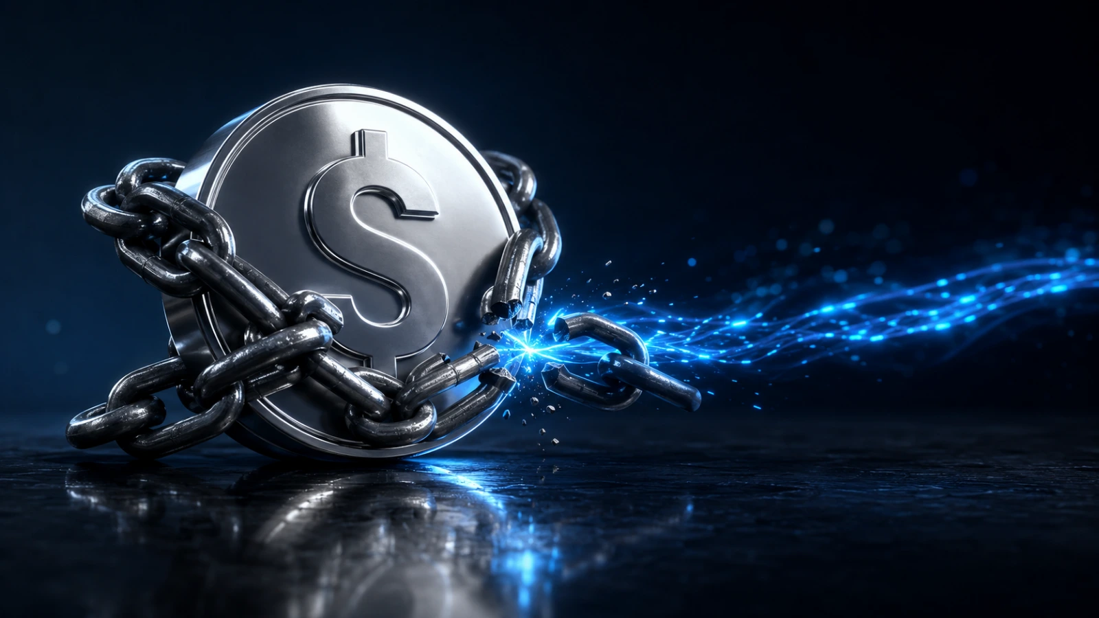 Silver dollar stablecoin breaks through a control chain, illustrating BIS warnings about capital flight in emerging markets.