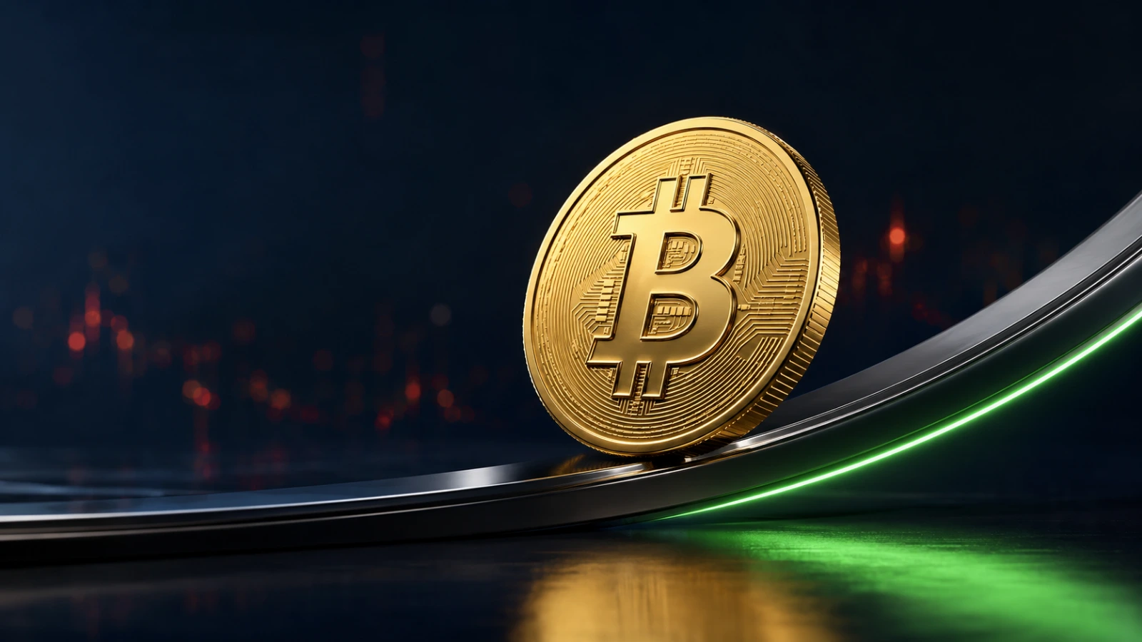 Gold Bitcoin climbs a glowing market curve as global risk assets remain resilient.