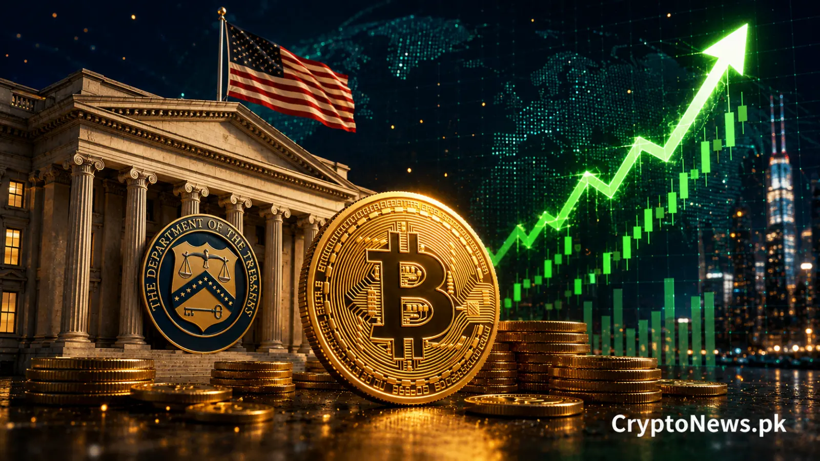 Bitcoin rising above $68,000 alongside a U.S. Treasury backdrop and bullish market chart, reflecting liquidity-driven gains after expanded bond buybacks.