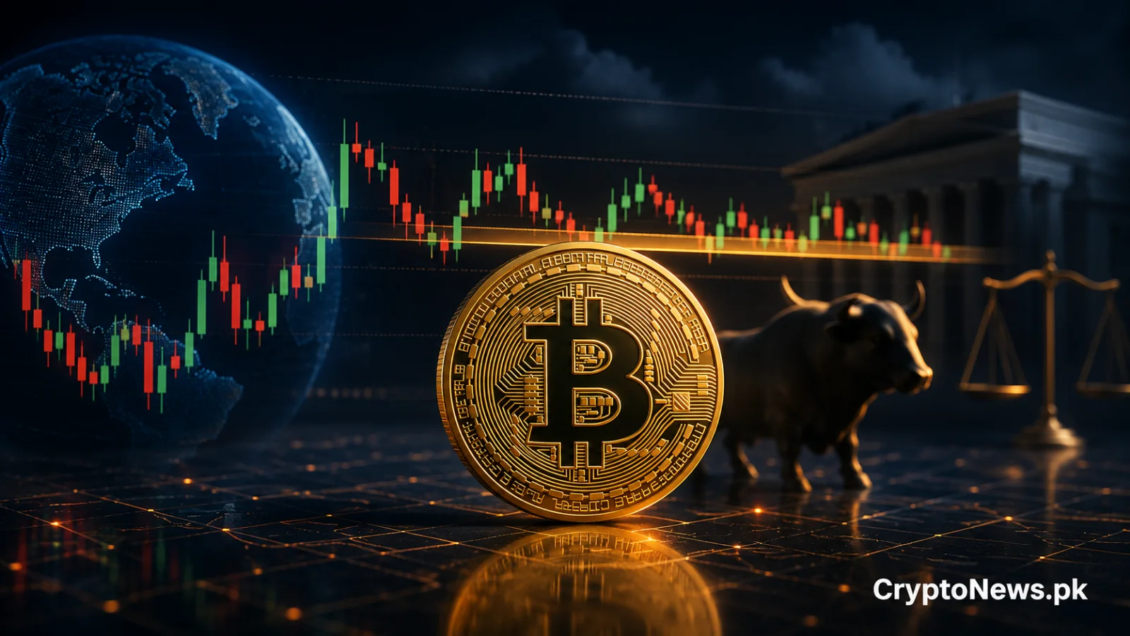 Bitcoin coin in front of global market charts and financial symbols, illustrating Bitcoin consolidating near $63,500 amid changing macroeconomic expectations.