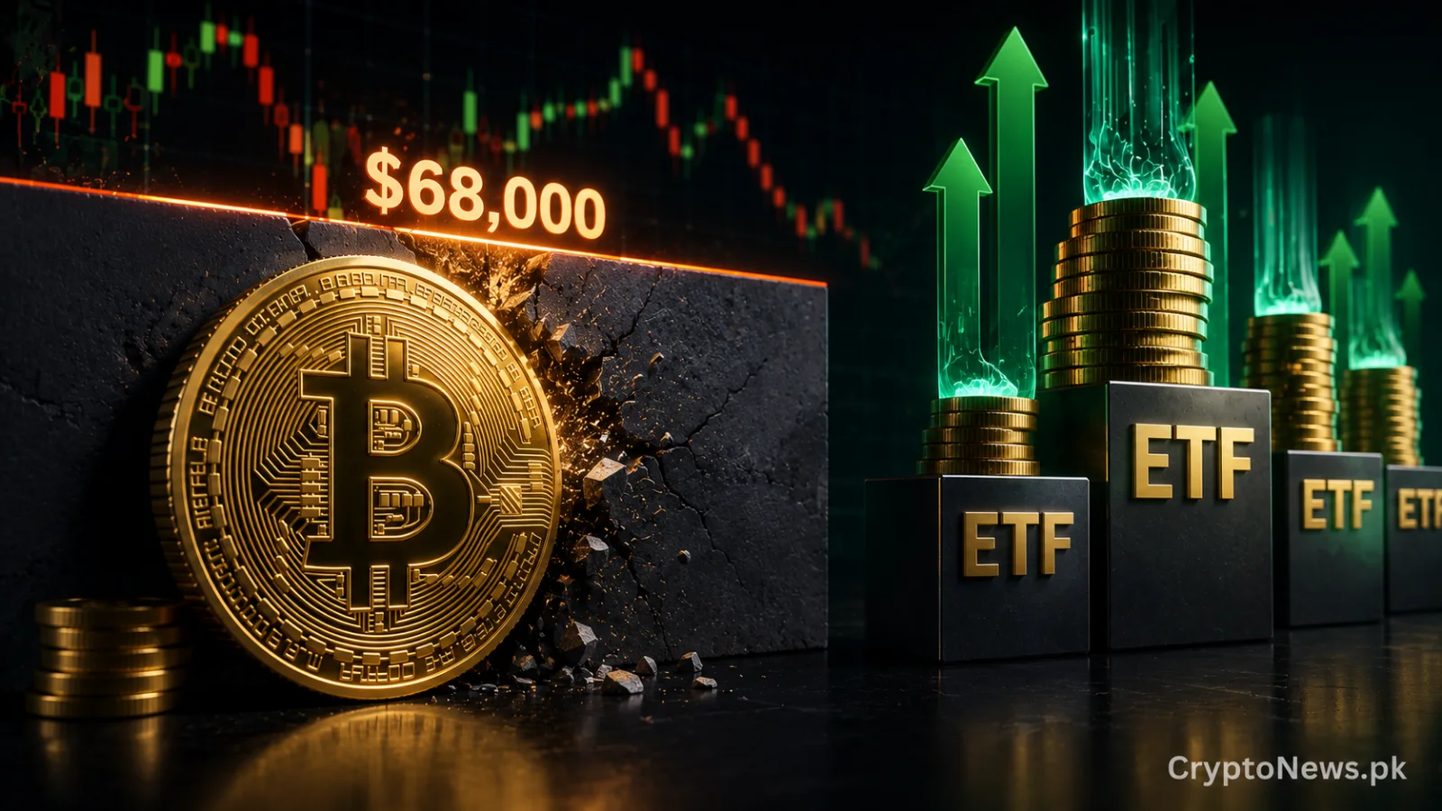 Golden Bitcoin pressing against a cracked resistance barrier as institutional ETF inflows rise in the background