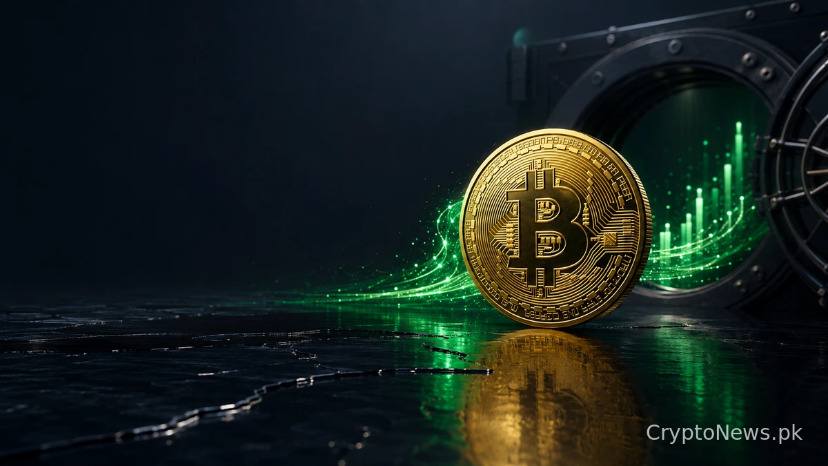 Gold Bitcoin coin before an institutional vault as ETF inflows return amid fragile market liquidity.