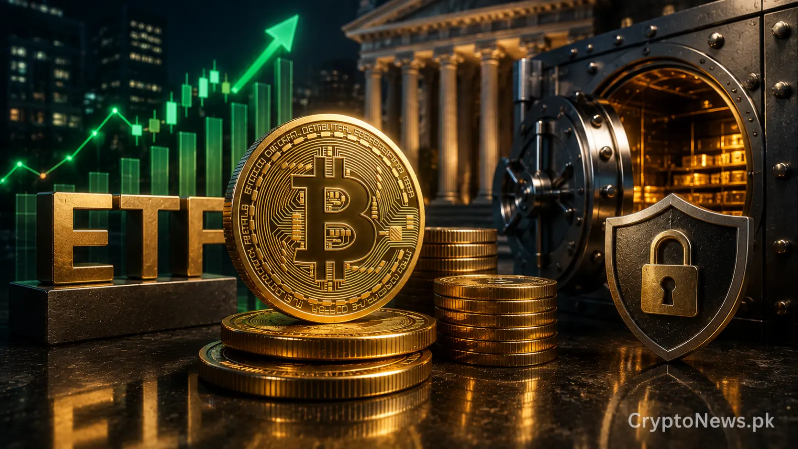 Bitcoin ETF concept showing institutional inflows into a secure vault while a cracked hardware wallet highlights growing custody concerns