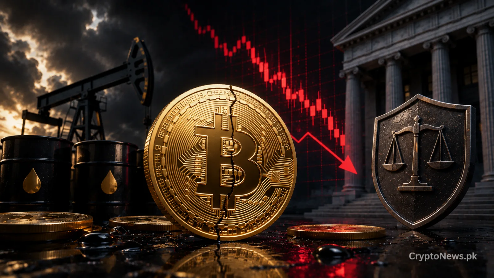Cracked golden Bitcoin coin beside oil barrels, a falling market chart, and regulatory scales, symbolizing macroeconomic and policy pressure