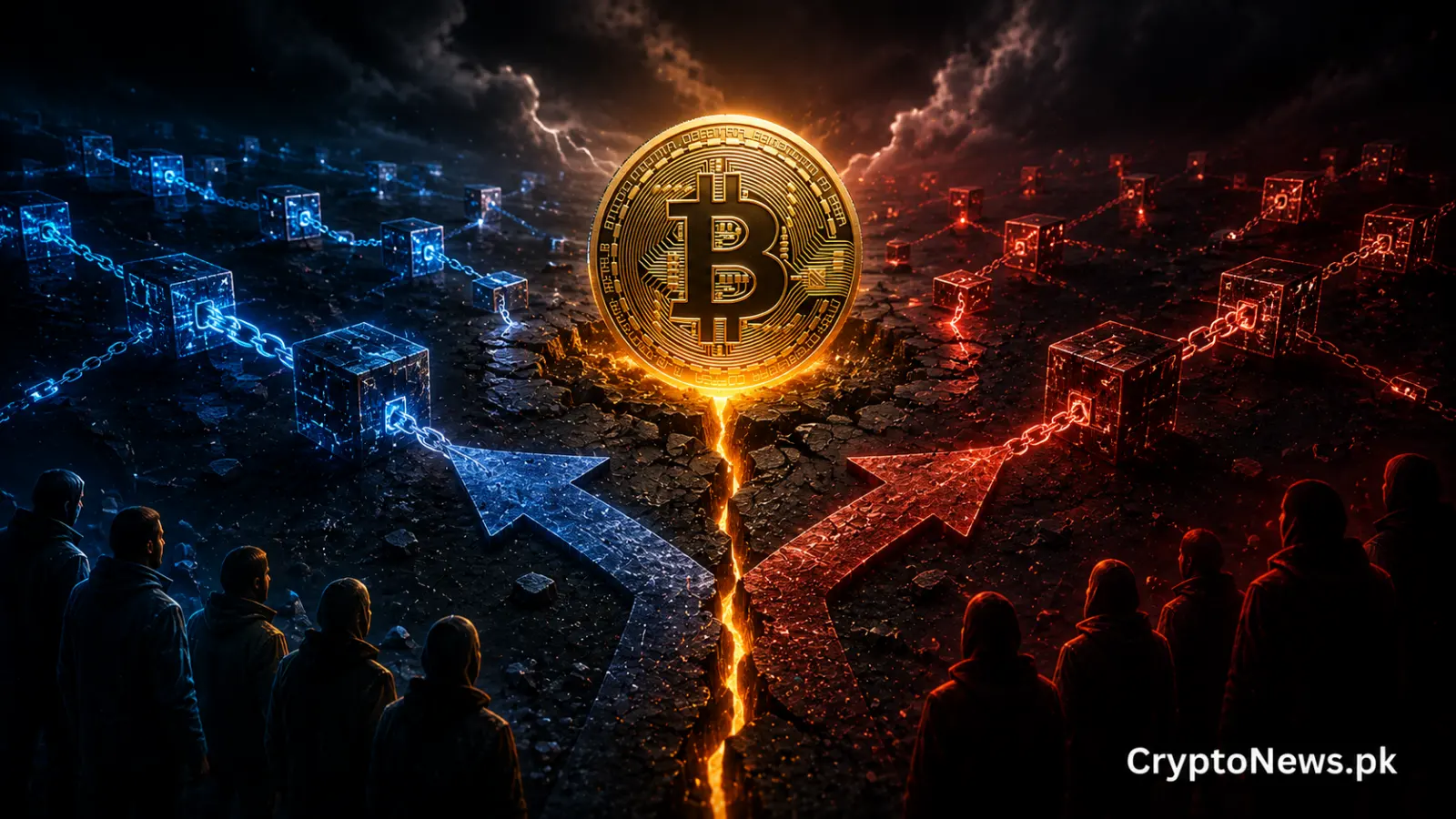 Bitcoin network splitting into two competing blockchain paths, illustrating the potential chain split and BIP-110 protocol controversy.