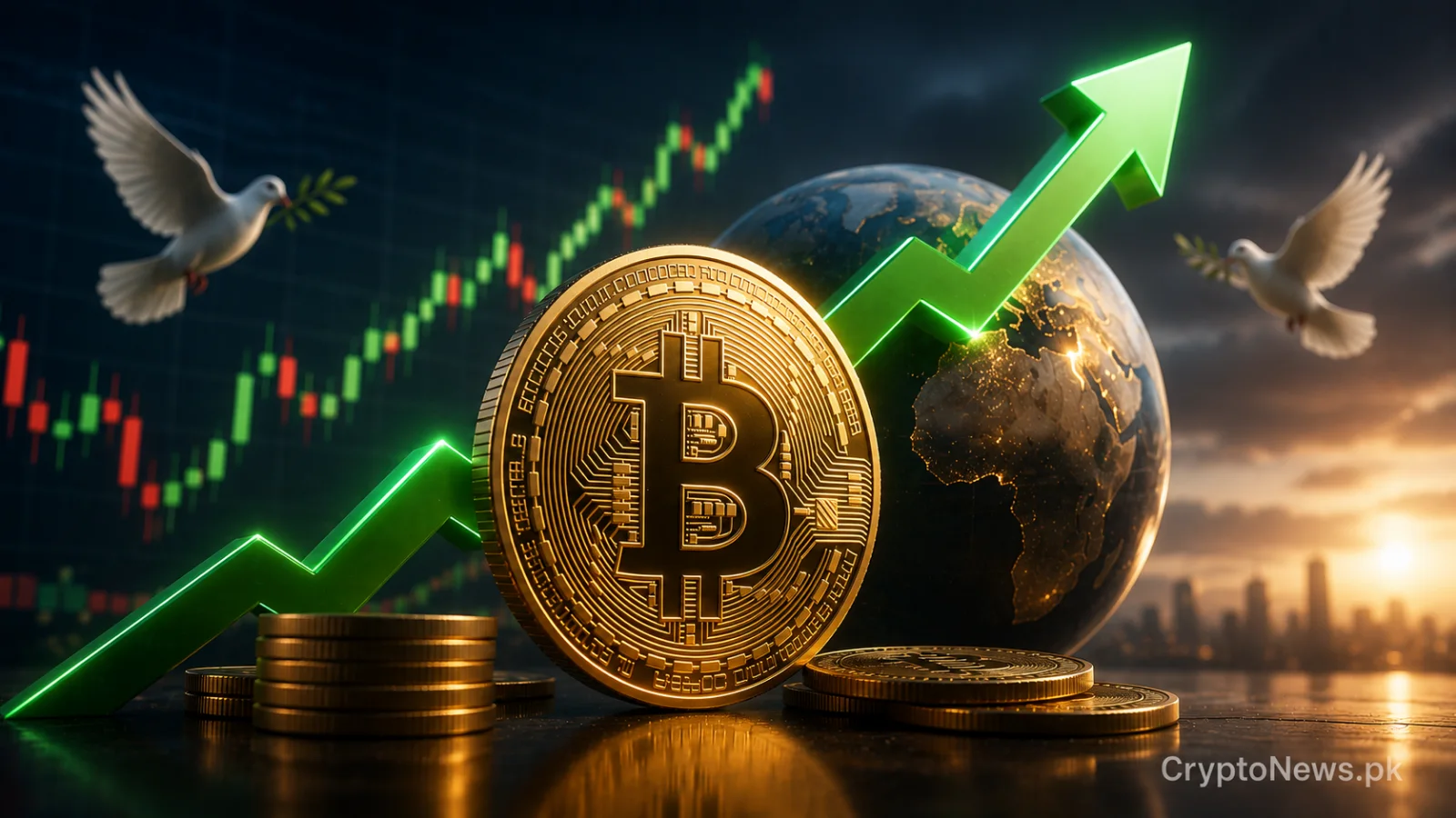 Gold Bitcoin coin rising with global markets as storm clouds clear, symbolizing renewed momentum after geopolitical tensions ease.
