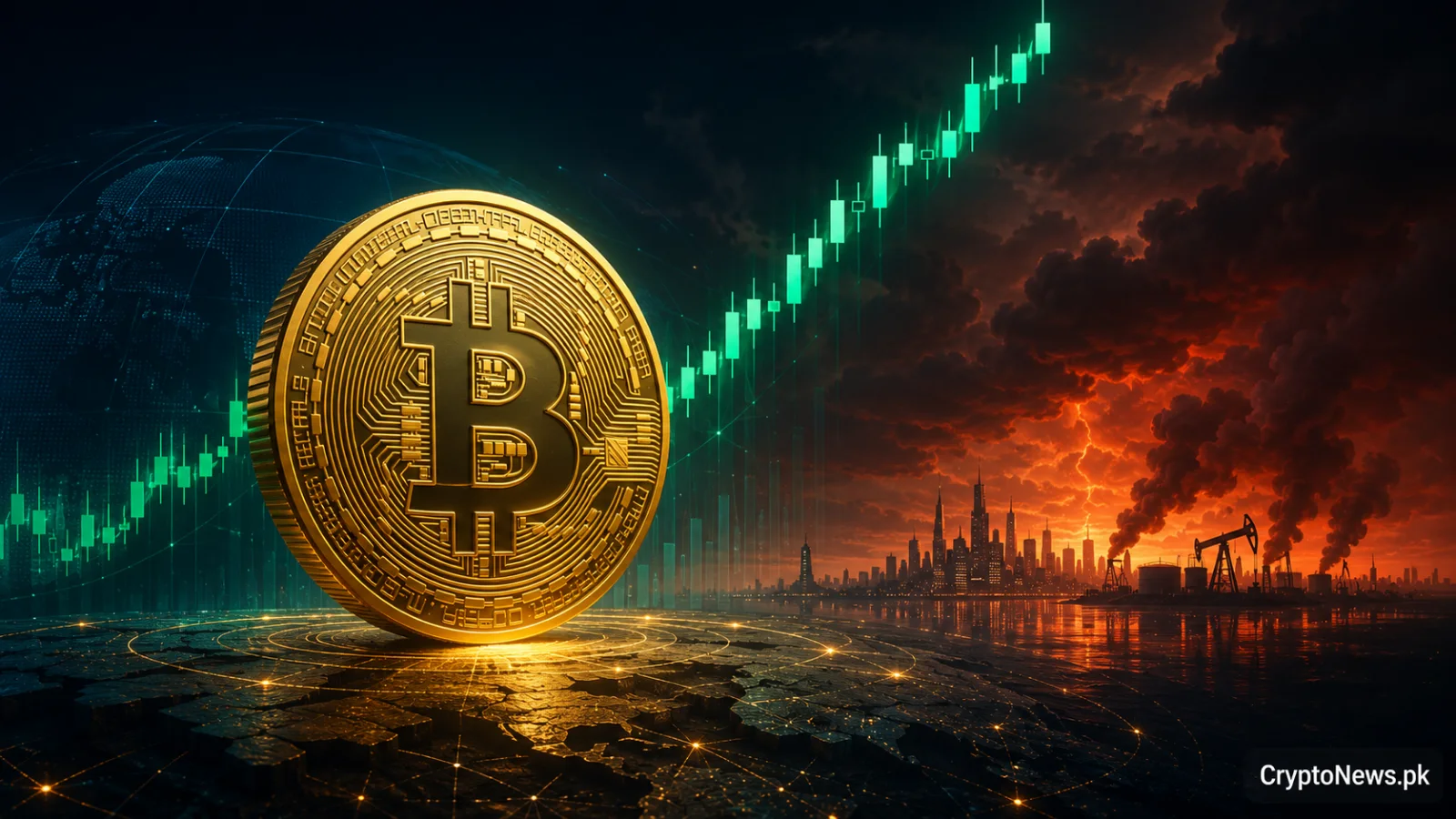 Golden Bitcoin rises against a geopolitical storm as Middle East tensions pressure global markets.