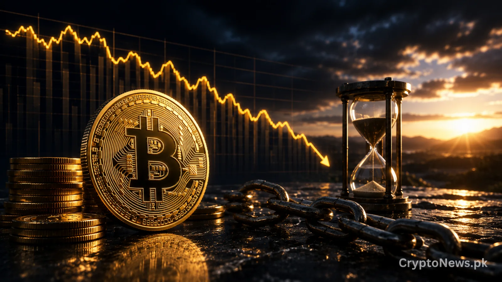 Golden Bitcoin resting securely in a dark vault, symbolizing long-term holders and declining selling pressure.