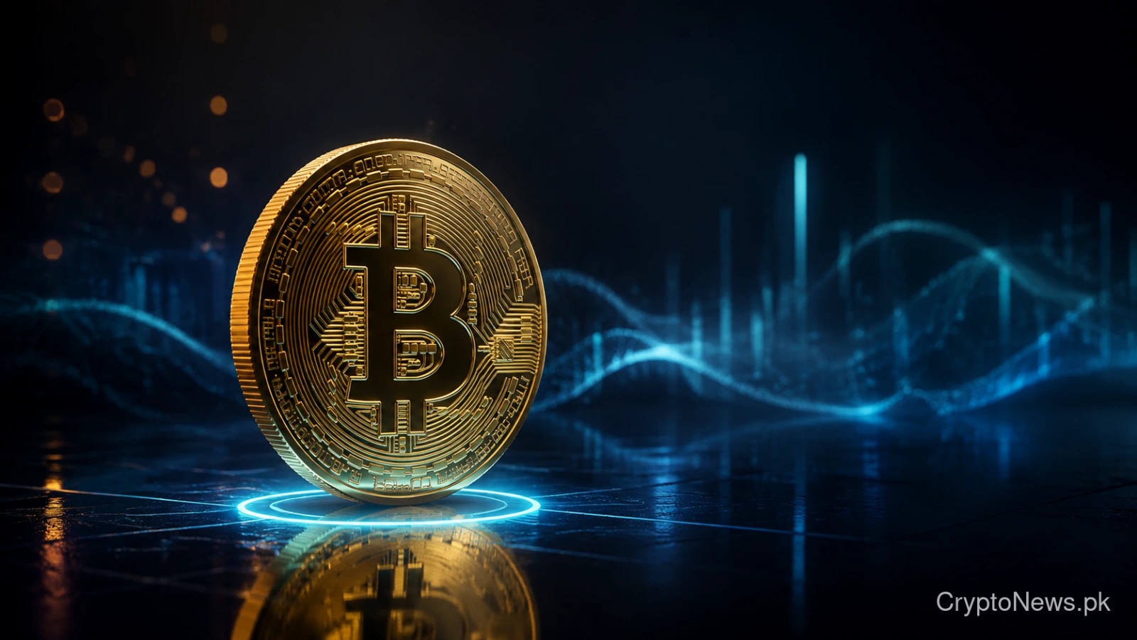 Golden Bitcoin standing firmly on a glowing support level ahead of key economic data.