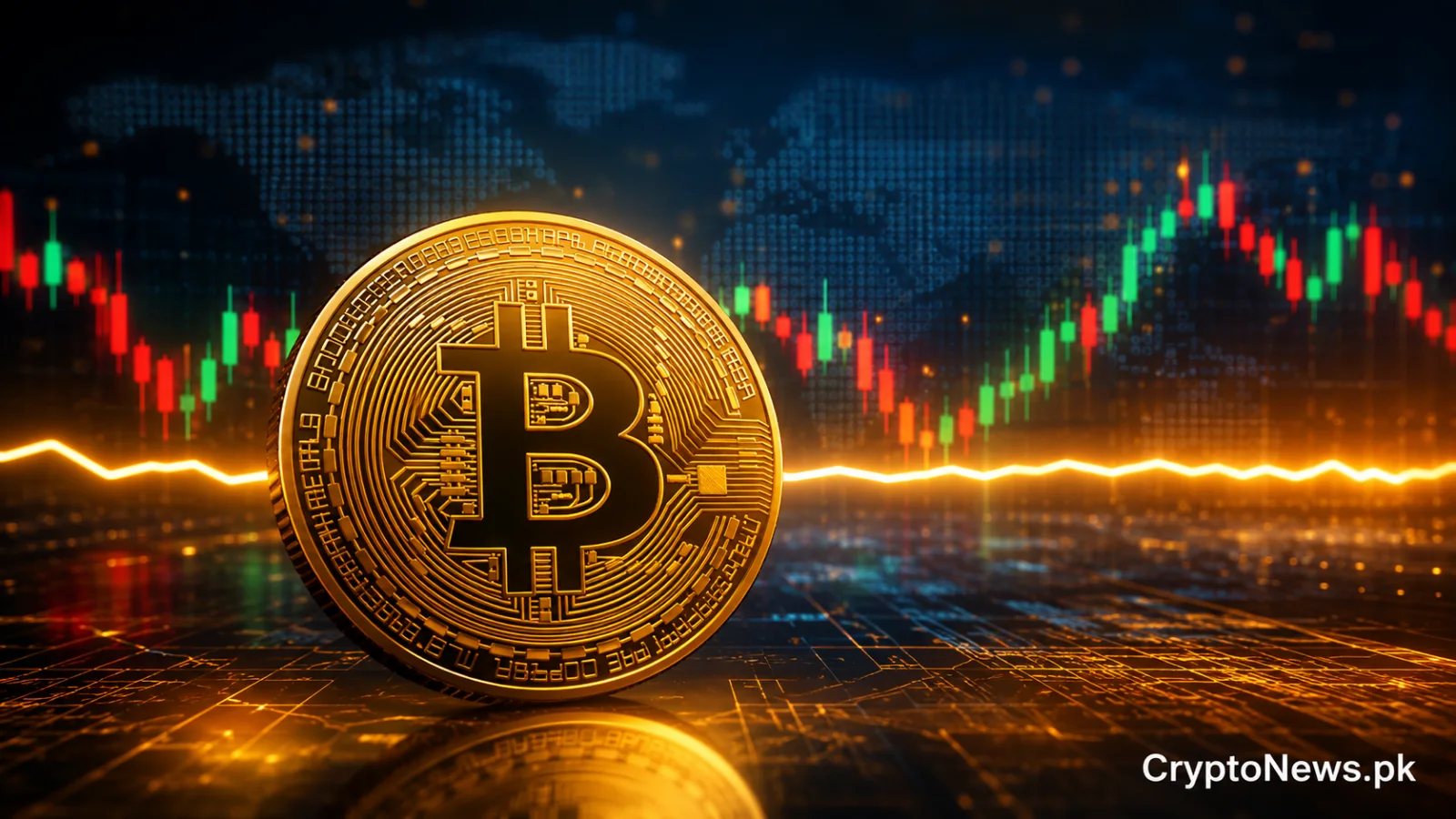 Golden Bitcoin coin against a global trading chart, representing Bitcoin stability during market consolidation.