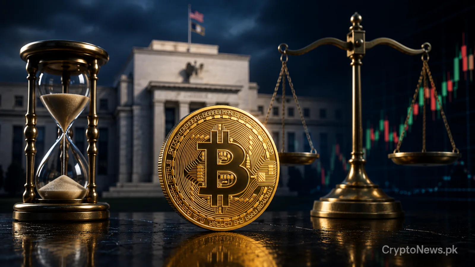 Gold Bitcoin coin beside a Federal Reserve building and steady market chart, symbolizing price stability ahead of the U.S. interest rate decision.