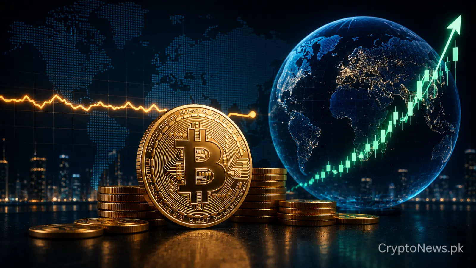Bitcoin coin holding steady beside balanced market indicators and rising global equity charts, illustrating Bitcoin’s stability near $64,000 amid record stock markets.