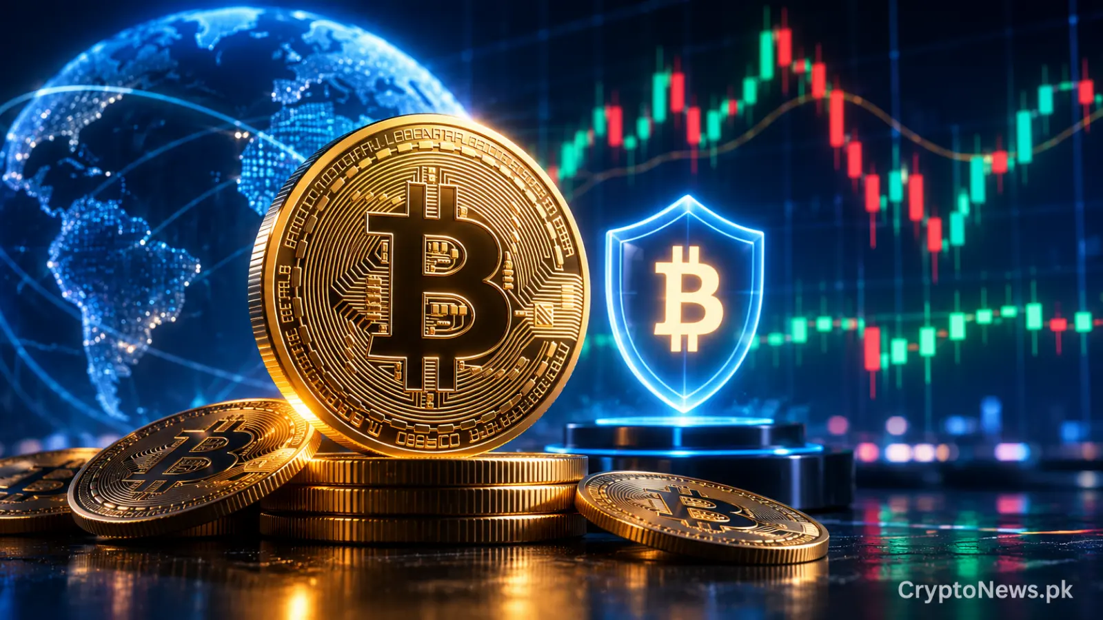 Golden Bitcoin remaining stable against a volatile global technology market backdrop with fluctuating financial charts