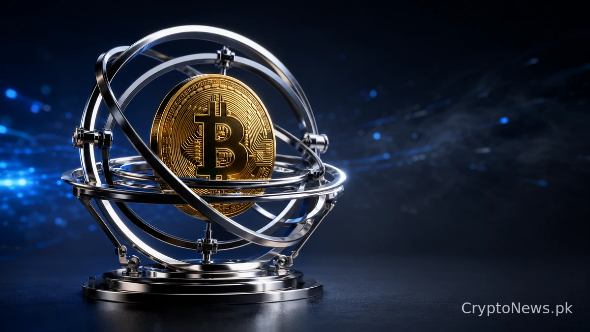 Gold Bitcoin held steady in a chrome gyroscope amid blue global market turbulence.