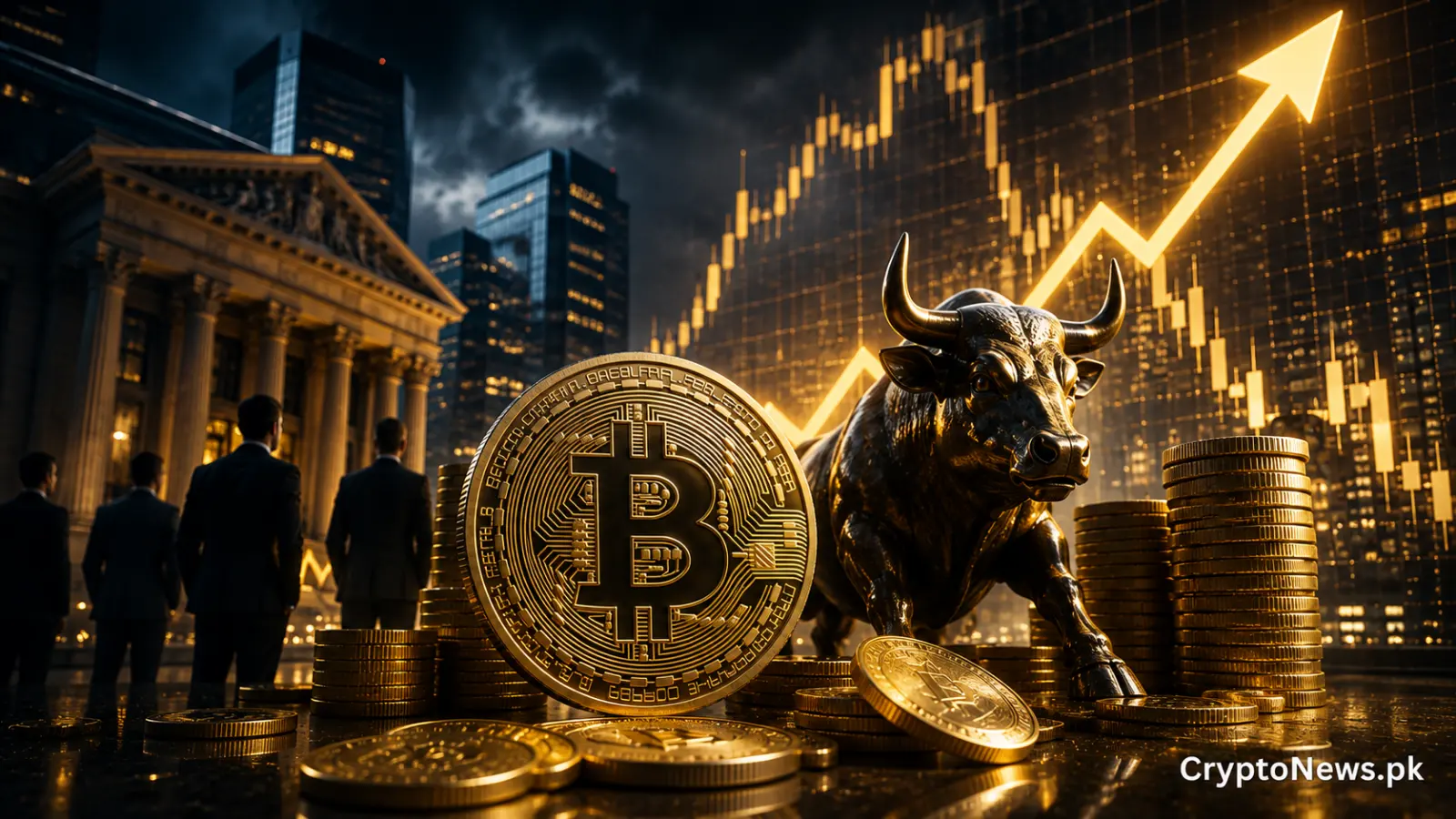 Bitcoin, a charging bull and rising market chart symbolize strong accumulation by whales and institutional investors
