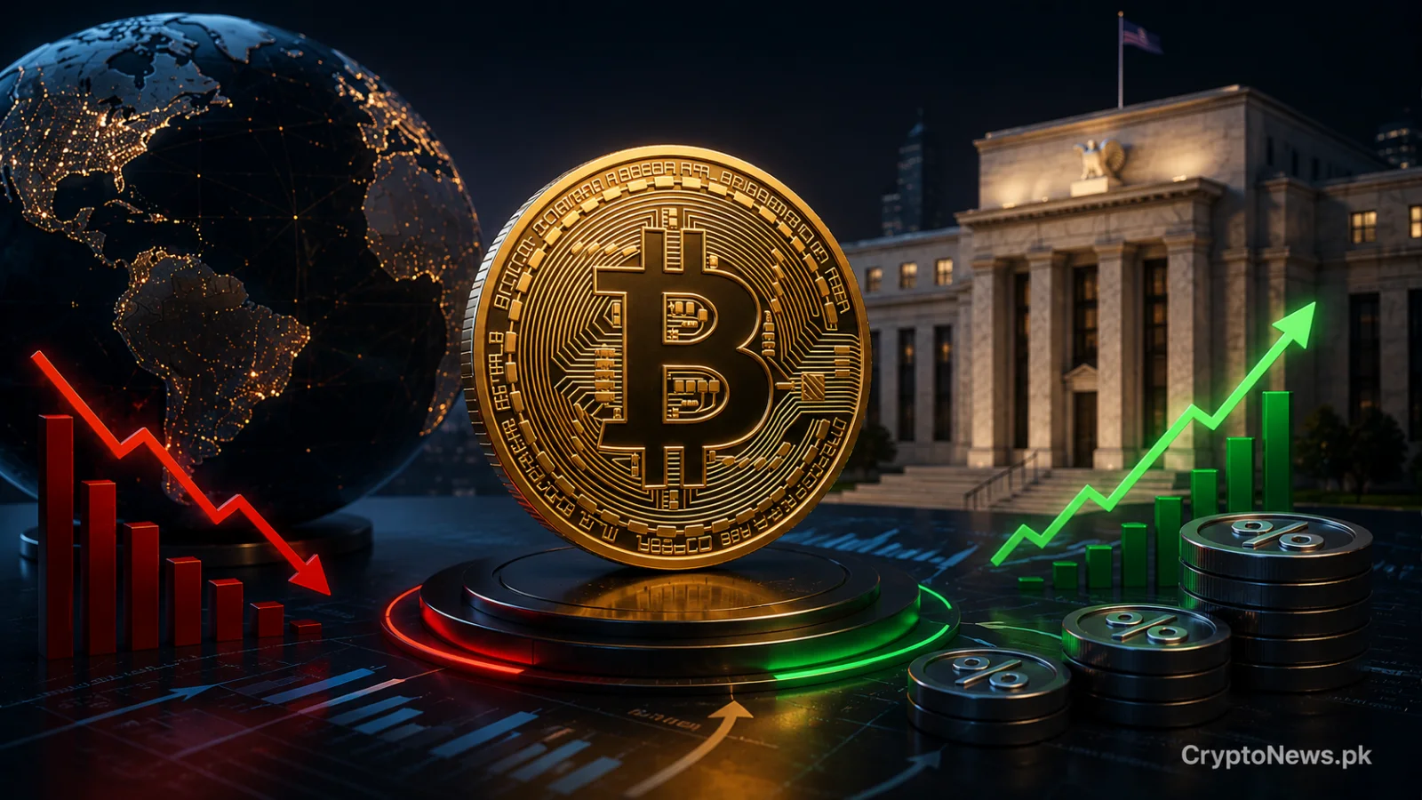 Gold Bitcoin coin between opposing market charts and a central bank, illustrating the impact of global interest rates on Bitcoin.