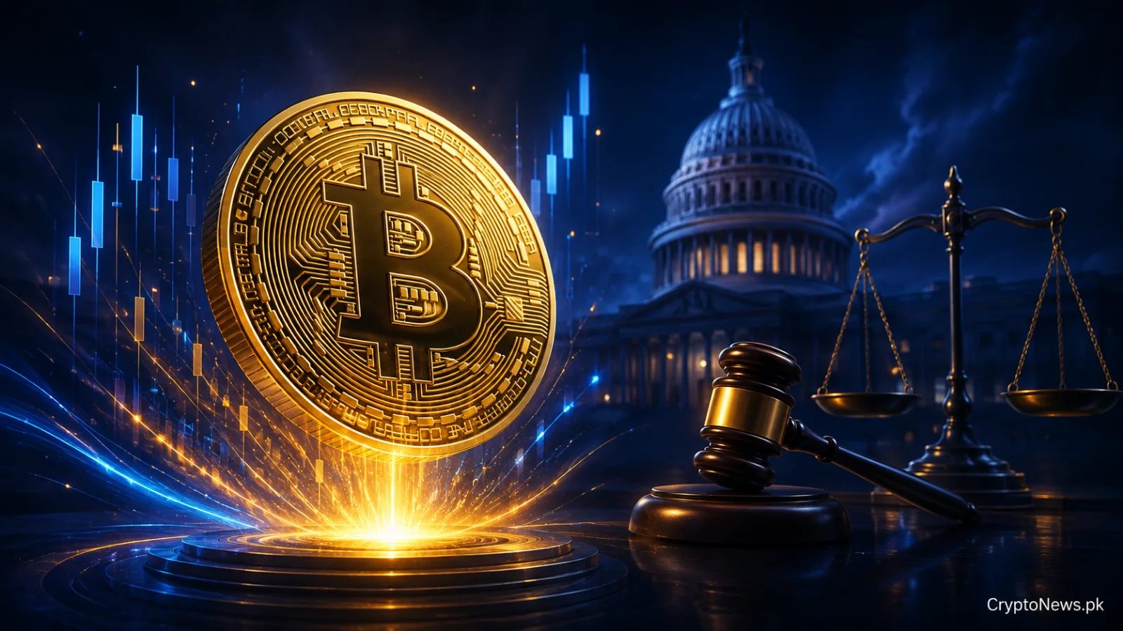Rising Bitcoin coin beside a judge’s gavel and scales, symbolizing market momentum and the US regulatory clarity debate.