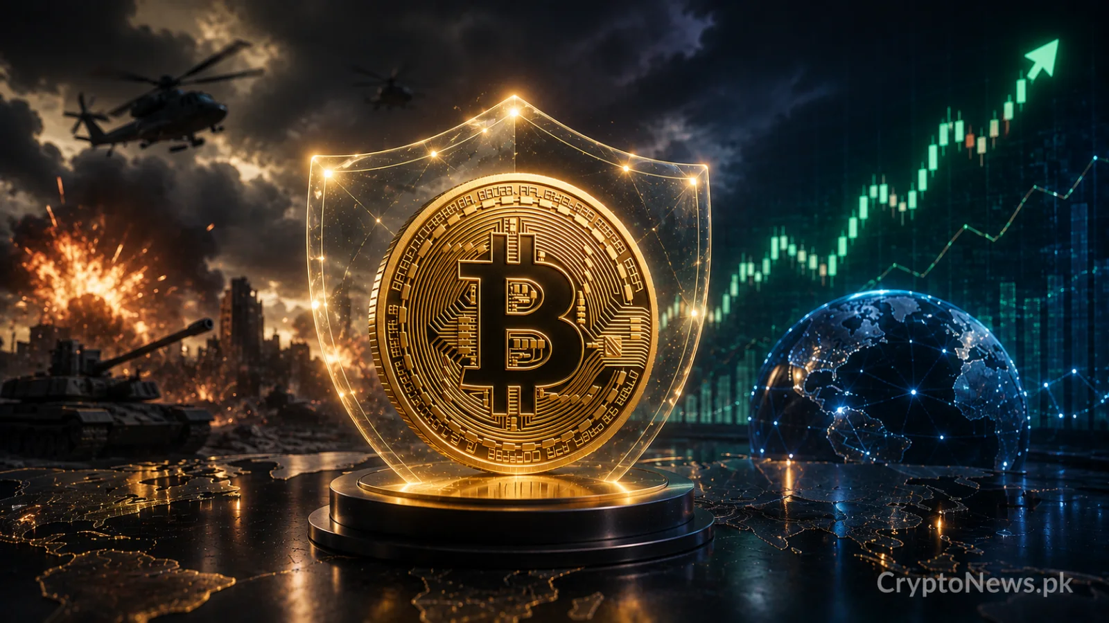 Golden Bitcoin protected by a digital shield amid geopolitical conflict and rising markets, symbolizing Bitcoin’s resilience
