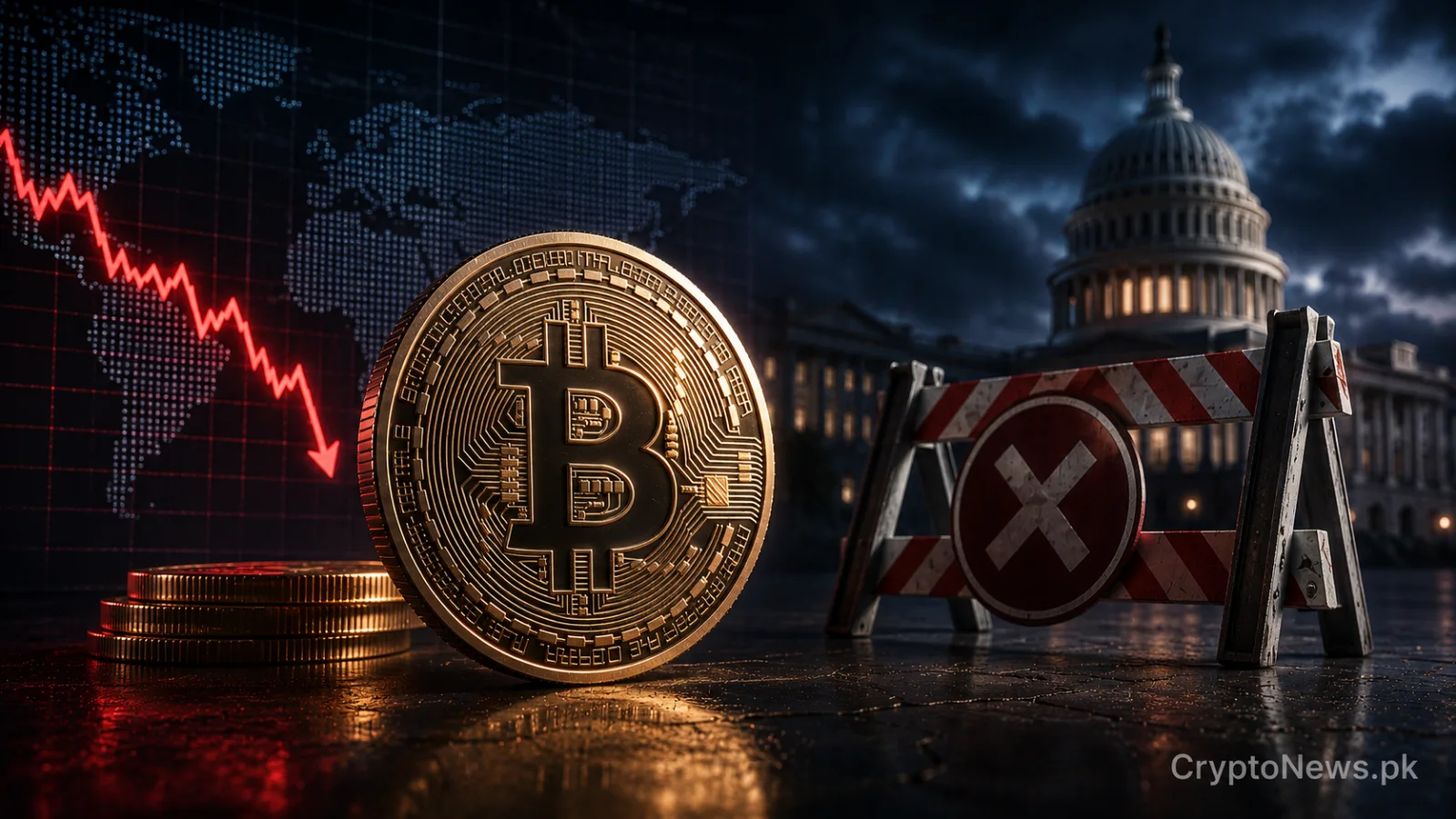 Frosted gold Bitcoin coin beside a subdued market chart and delayed policy clock, symbolizing cooling sentiment amid global economic shifts and legislative uncertainty.