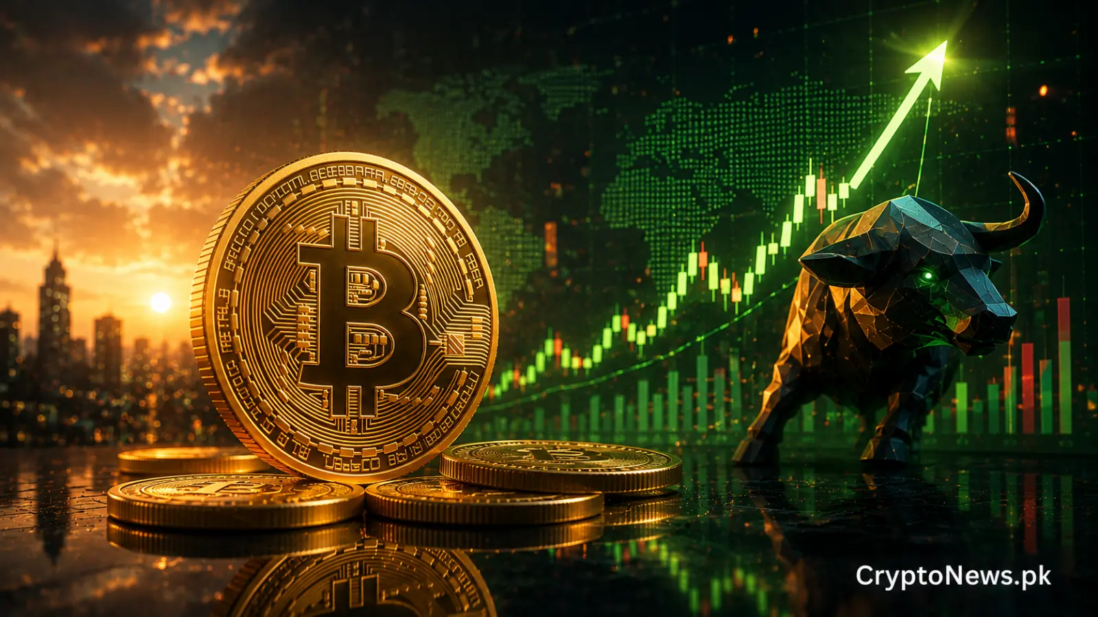 Bitcoin at the $65,000 milestone with shifting red and green market charts, reflecting cautious sentiment as traders weigh renewed strength against lingering volatility.