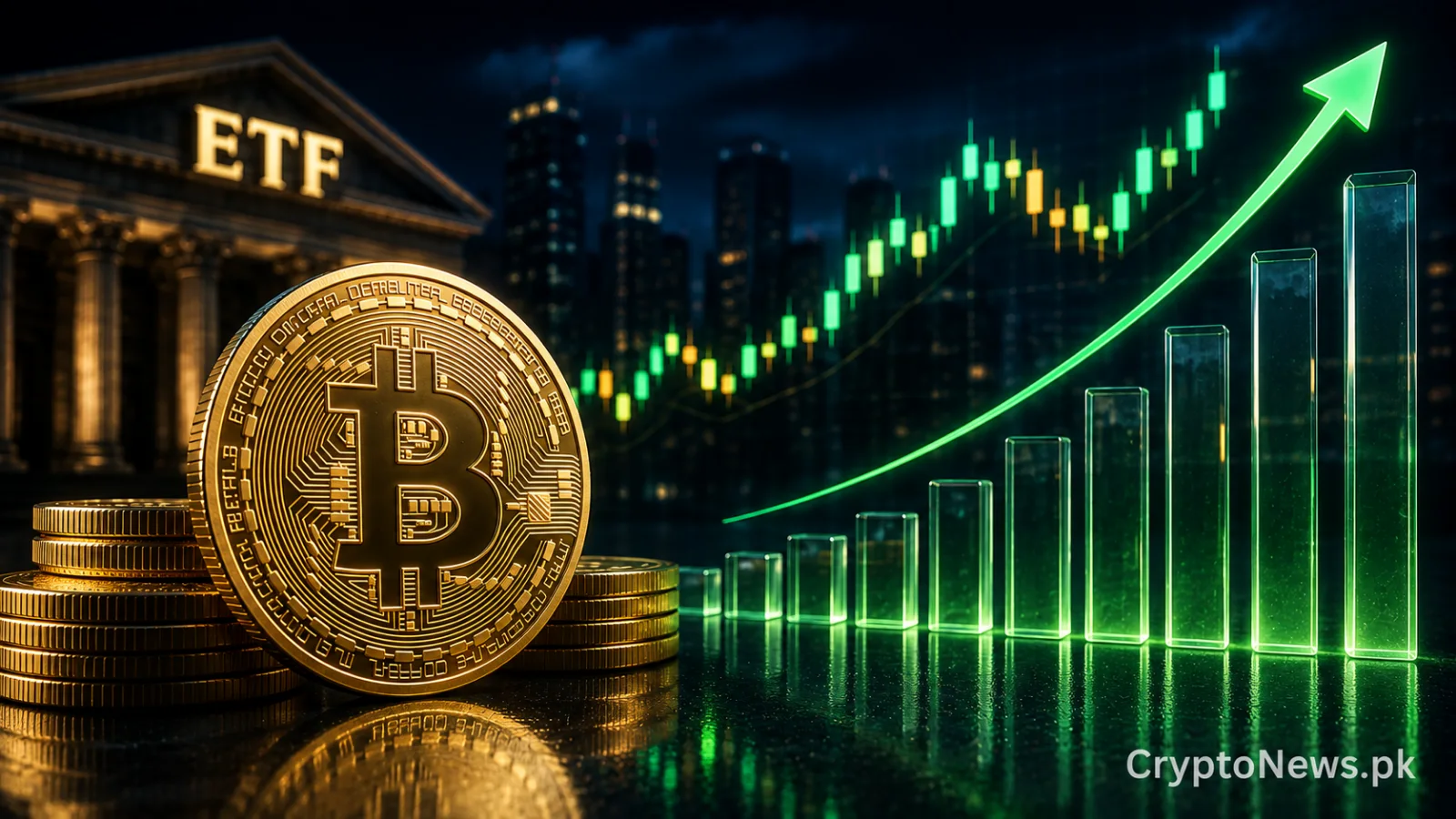 Bitcoin market concept showing a stable gold Bitcoin coin supported by institutional ETF inflows during a period of sideways trading near $64,000.