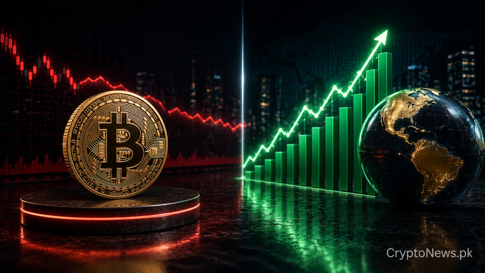 Bitcoin coin beside a flat red crypto chart and rising green global equity market, illustrating Bitcoin stagnation amid record stock gains.