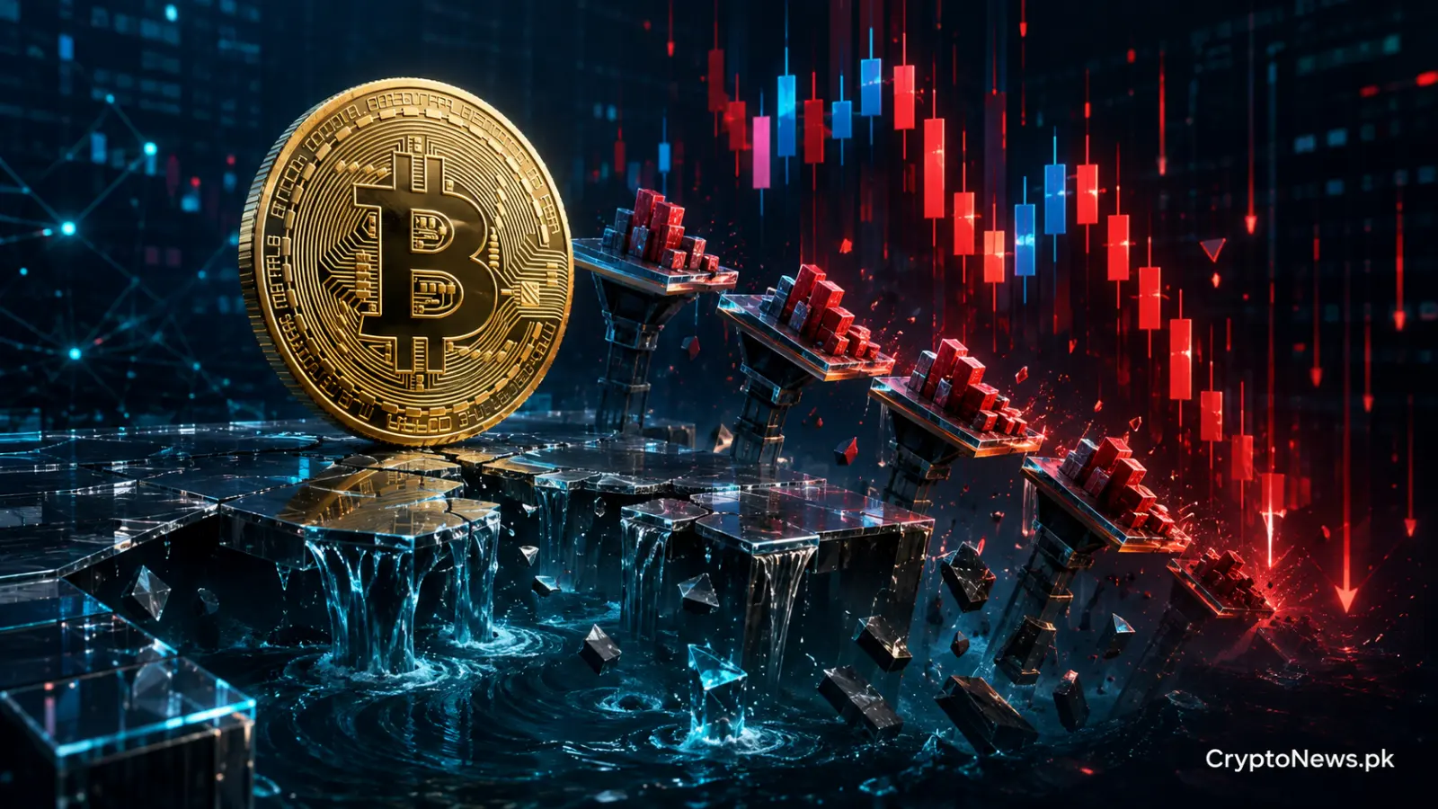 Bitcoin above a collapsing liquidity floor as leveraged positions trigger a market liquidation cascade.