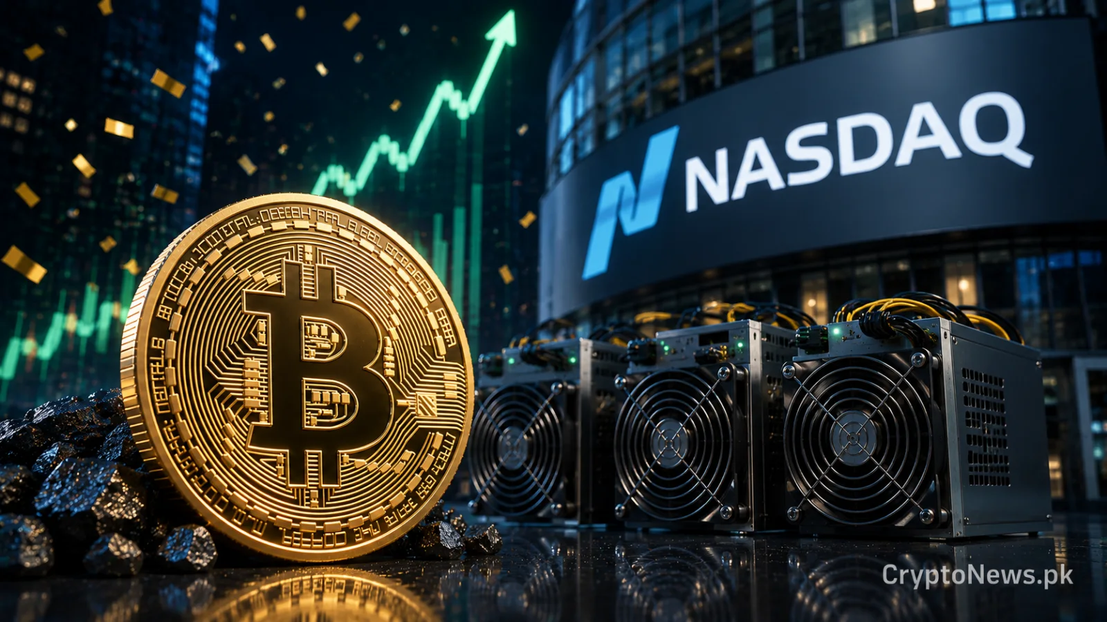 Gold Bitcoin beside AI data-center hardware marks Ionic Digital’s Nasdaq debut and $2.25 billion valuation.