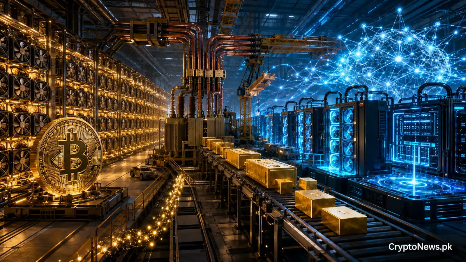 Bitcoin mining racks transform into advanced AI computing infrastructure during a capital-intensive data-center expansion.