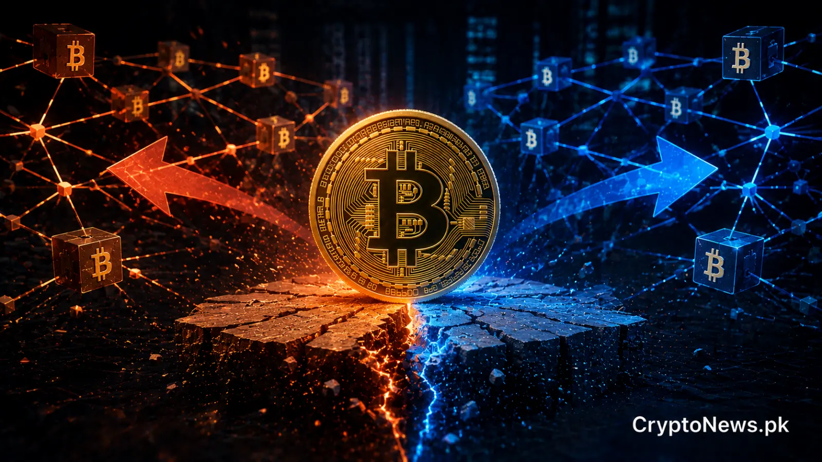 Bitcoin network briefly splitting into two chains during the failed BIP-110 soft fork attempt.