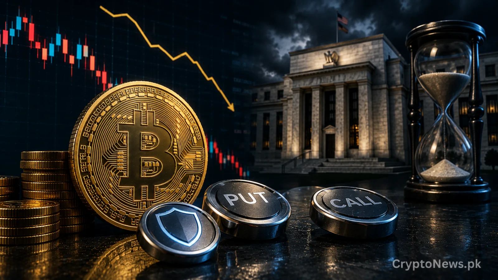 Golden Bitcoin with a fading protective shield, symbolizing reduced options hedging ahead of the Federal Reserve decision.