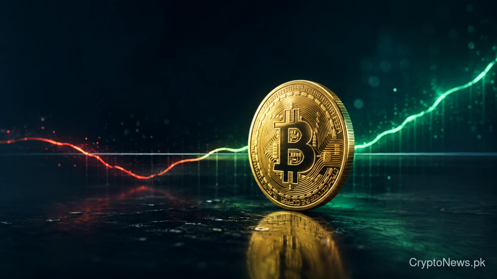 Golden Bitcoin coin with profitability metrics shifting from red to green, signaling a potential market recovery.